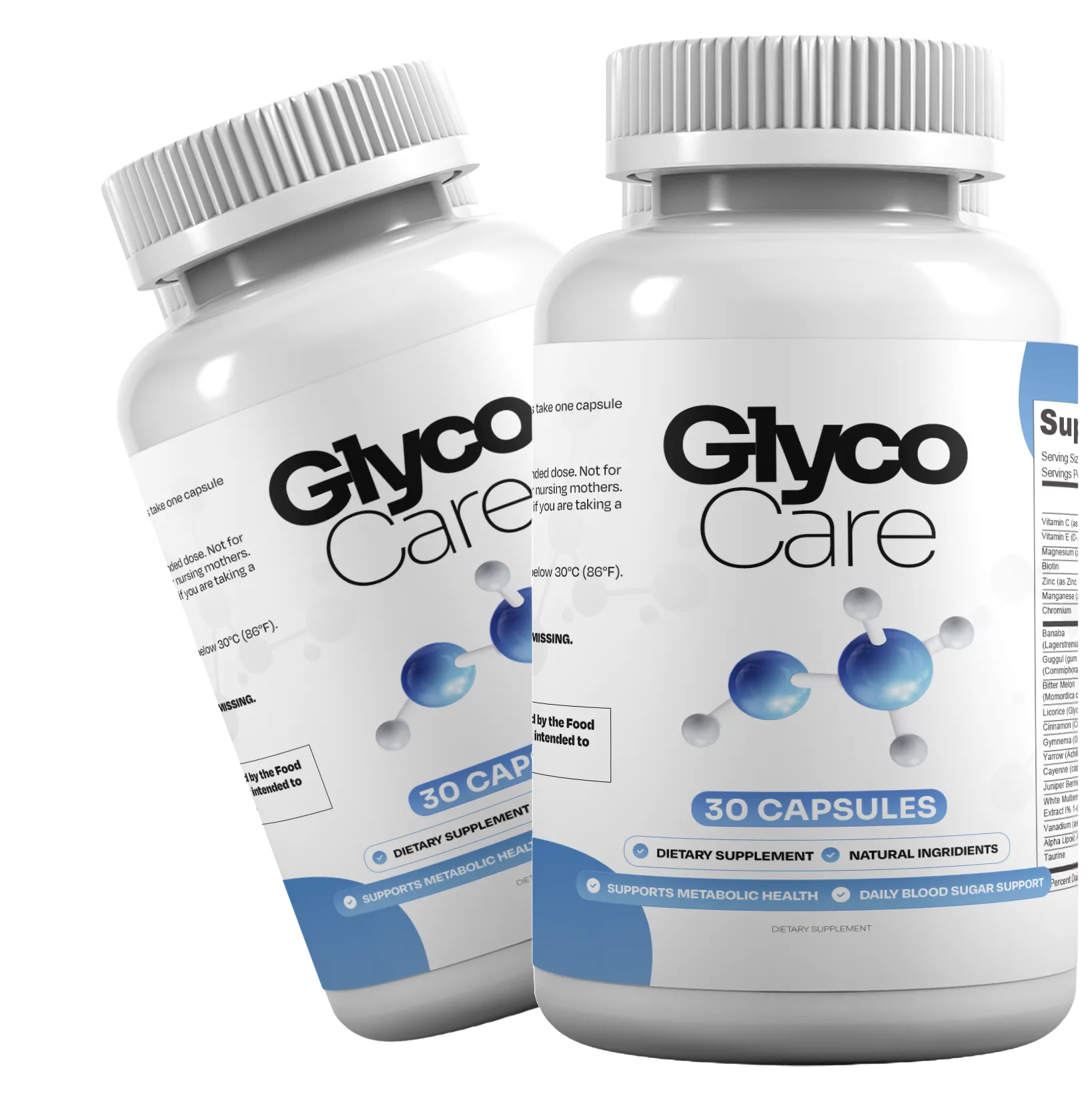 GlycoCare blood sugar support supplement bottle — 12-ingredient botanical formula for energy, metabolic balance, and blood sugar response